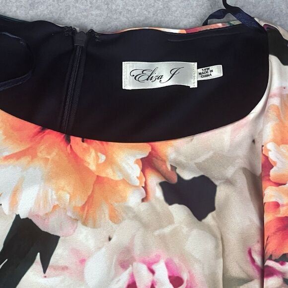 Eliza J Dress Womens 14W Blue Floral Bodycon Ruched Side Sheath Mother Bride - Picture 4 of 16